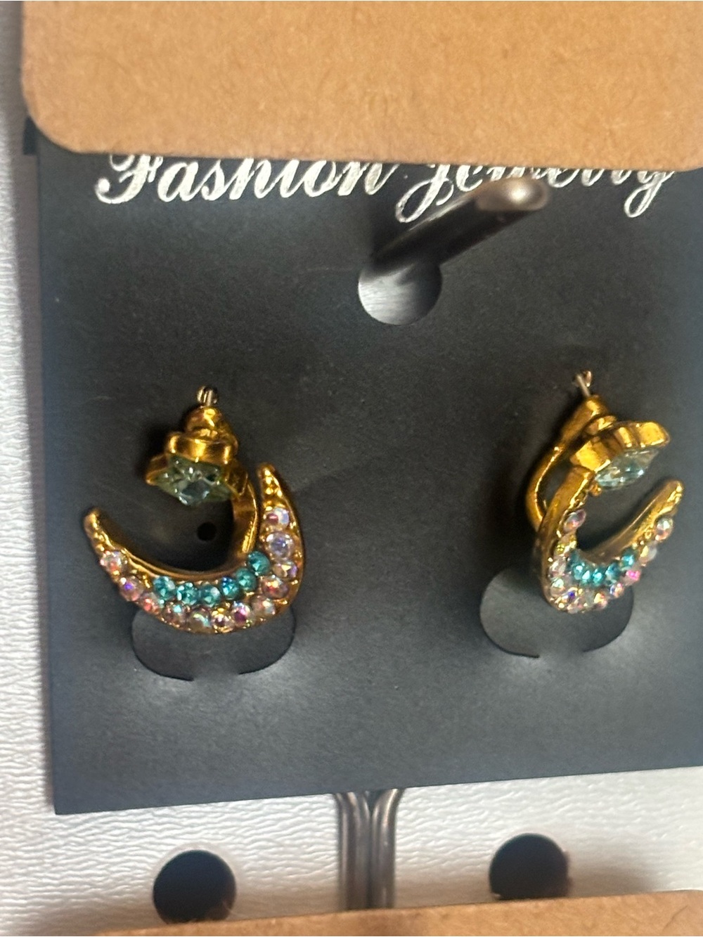 Fashion Jewelry Gold-tone Crescent Hoop Earrings with Multicolor Crystals